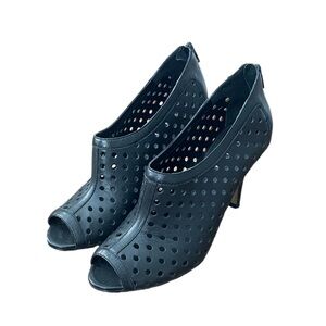 VANELI Black Perforated Leather Zip Back Prep Toe Heels